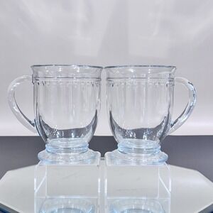 (2) Vintage Anchor Hocking Depression‎ Glass Blue Hue Bubble Pedestal Cup Mug